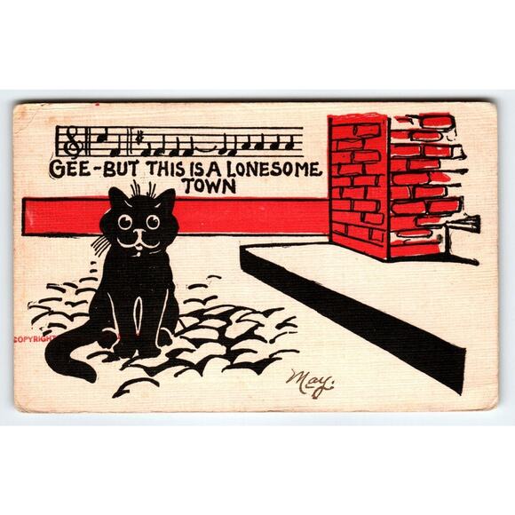 Black Cat Seated Kitten Postcard But This Is A Lonesome Town Music Notes 1907 - Picture 1 of 2